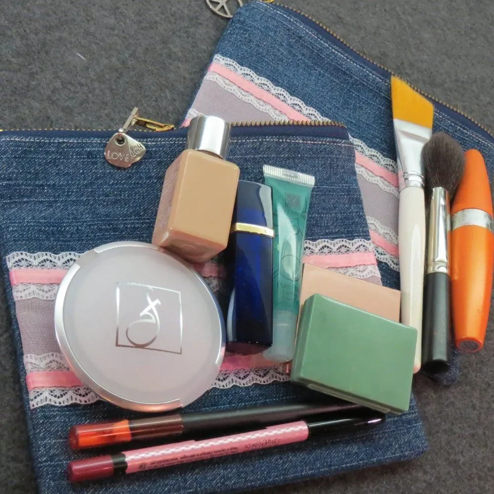 Pink Lace on Denim Small Zippered Pouch Makeup Bag NEW Last One Left